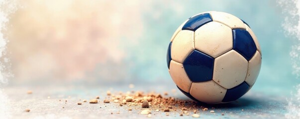 Slightly deflated soccer ball, textured surface, soft watercolor washes, object, round, colorful