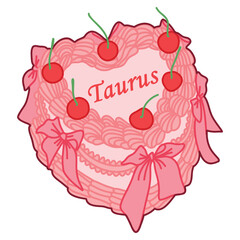 Heart-Shaped Taurus-Themed Cake With Cherries and Pink Decorative Elements