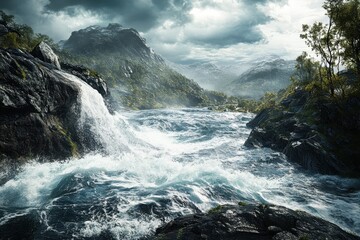 Majestic waterfall cascading through rugged mountains under a stormy sky