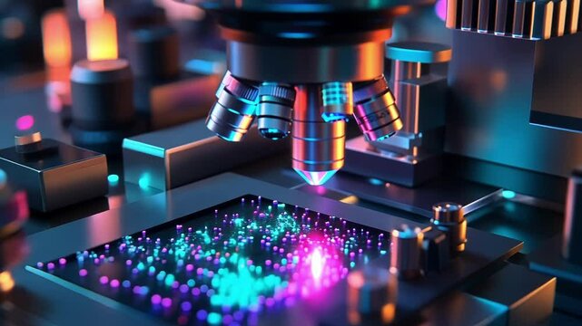 Intricate depiction of a high tech laboratory scene showcasing a microscope analyzing vibrant particles on a circuit board. The setting highlights innovation in scientific exploration