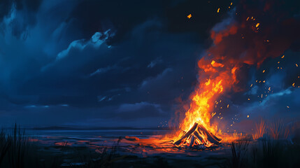 Bonfire with Glowing Embers and Smoke Rising into Night Sky - Cozy and Atmospheric Design