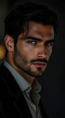 Obraz premium Moody Dramatic Intense Male Portrait Low Key Lighting Mysterious Brooding Handsome Professional Model Emotional Depth Cinematic Shadows