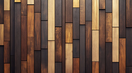 Rectangular brown wooden planks of varying shades and widths arranged vertically, creating a textured background suitable for design projects, showcasing rustic or modern aesthetics
