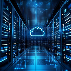 Futuristic server room displays modern digital tech. Cloud tech icon glows in data center. Modern tech equipment. Hybrid cloud network. Serverless architecture. Advanced computer system