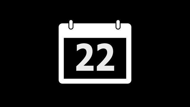 Calendar animation of the 22th day of the month on a black background. Date 22 animation with calender. White color Calendar with date animation. Time and date management schedule icon.