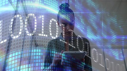 Woman using tablet with digital binary code and data processing animation overlay - Powered by Adobe