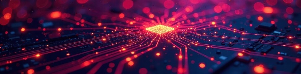 Abstract glowing circuit board, futuristic tech backdrop, background, microchip