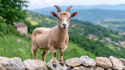 Obraz premium Goat perched on a weathered stone wall overlooking lush hills and a charming bakery house, capturing rural tranquility