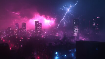 Obraz premium A vibrant storm captivates the city skyline. Lightning strikes illuminate the night sky. The scene is surreal and electrifying. Generative AI