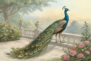 Vibrant Peacock with Detailed Feathers in a Richly Colored Illustration