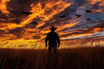 Man in field with birds