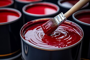 Mixing Bright Red Paint with Brush in Open Paint Can