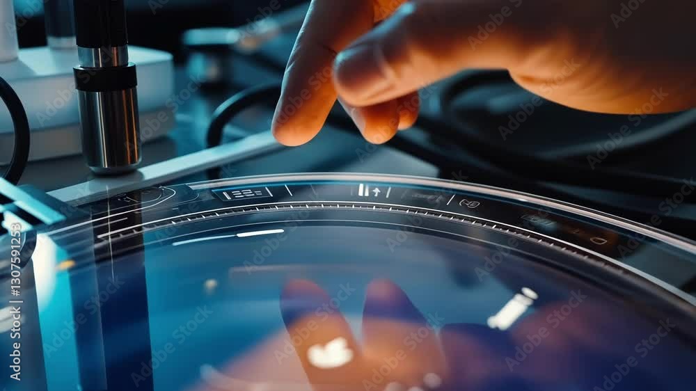 Poster close up of a hand interacting with a futuristic touchscreen interface, displaying complex scientifi