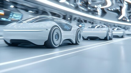 Fototapeta premium Futuristic White Electric Cars Driving in a High-Tech Environment
