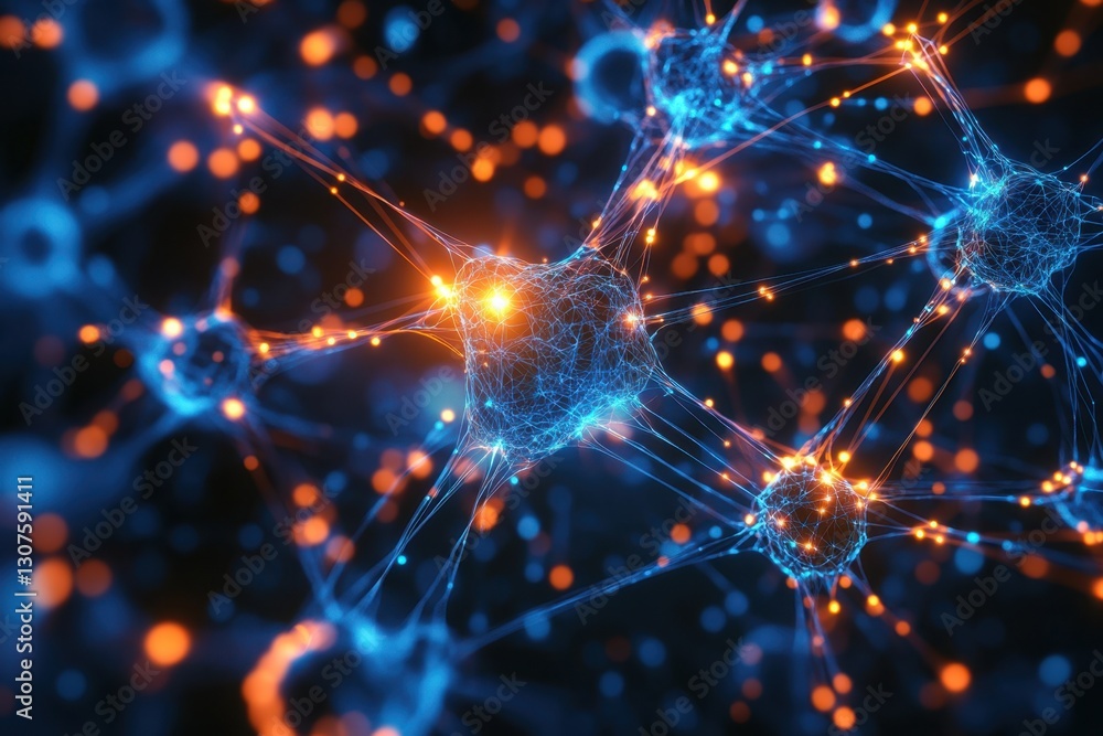 Poster neurons in a synaptic network illuminated in blue and orange colors during a nighttime experiment