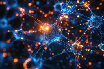 Neurons in a synaptic network illuminated in blue and orange colors during a nighttime experiment