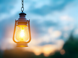 Hanging lantern glowing at sunset, outdoors, peaceful evening ambiance. Ideal for tranquility, hope, and remembrance themes