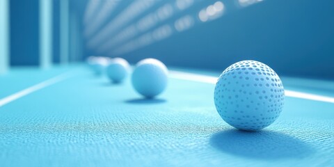 Golf balls on a blue indoor putting green during a practice session in a sports facility