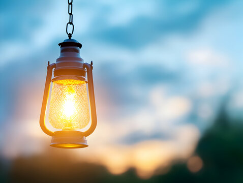 Hanging lantern glowing at sunset, outdoors, peaceful evening ambiance. Ideal for tranquility, hope, and remembrance themes