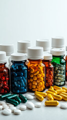 Assorted Medicine Bottles with Colorful Pills and Capsules