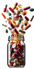 Transparent Background Colorful Pills and Capsules Spilling from Glass Jar