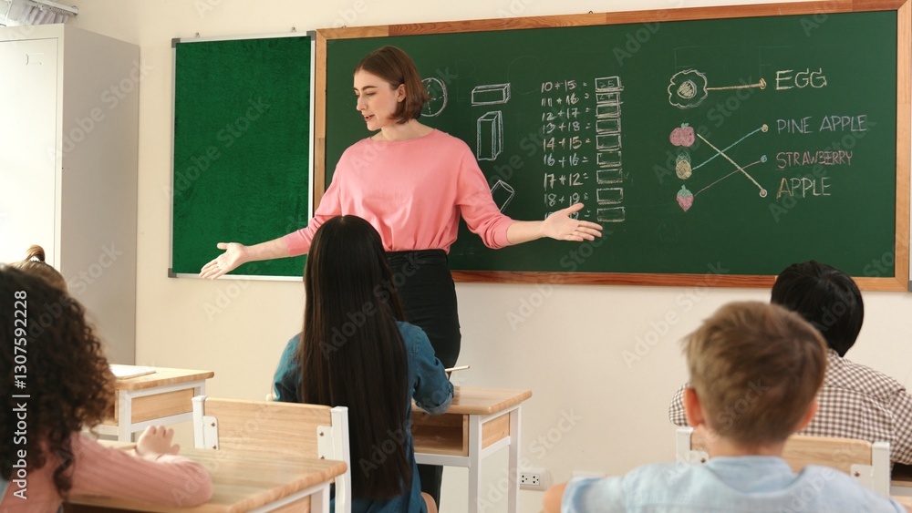 Aufkleber smart teacher checking cute student homework while explaining idea at class. attractive instructor w