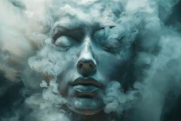 A surreal close-up of a human face enshrouded in a misty cloud, capturing a dreamlike and mysterious essence, evoking wonder and introspection.Close-Up of Ethereal Face Surrounded by Whimsical Clouds 