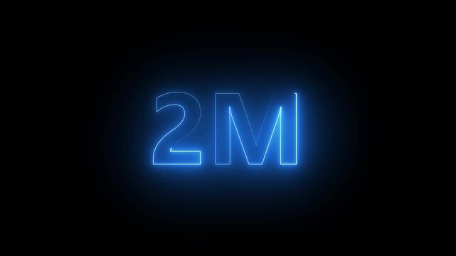 Animated of "2M" blue neon line text. Follower, Subscribers, view of video animation symbol. achievement in "2M" Congratulating networking thanks. on a black background