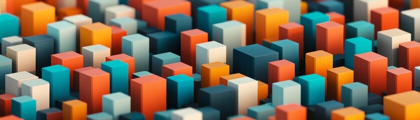 Obraz premium A vibrant, abstract arrangement of colorful blocks, creating a dynamic, three-dimensional landscape with varying heights and shades.