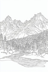 Obraz premium Blank coloring page of serene mountain landscape with flowing river, detailed forest foreground and distant snow-capped peaks