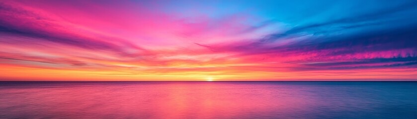 Fototapeta premium A stunning panoramic view of a colorful sunset over the calm ocean, featuring vibrant pink, purple, and blue hues reflecting on the water.