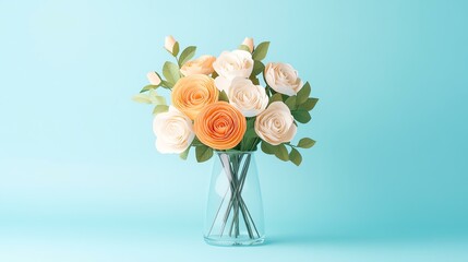 Fototapeta premium A beautiful bouquet of pastel roses in a clear vase against a soft blue background, perfect for decoration or gifting.