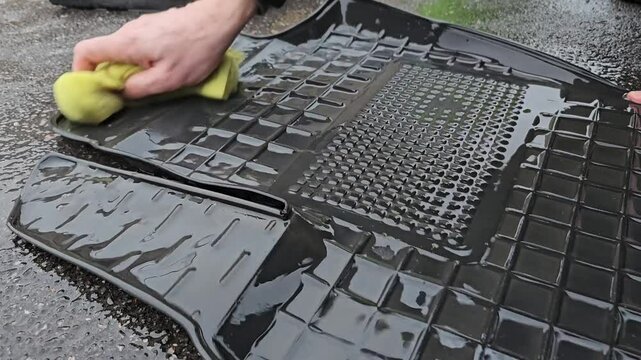 Man cleaning carpet with water and , Men using washcloth on cleaning car rubber mat , At rinsing station, Removing dirt, Washing with cleaning solution, Men wiping off difficult stain