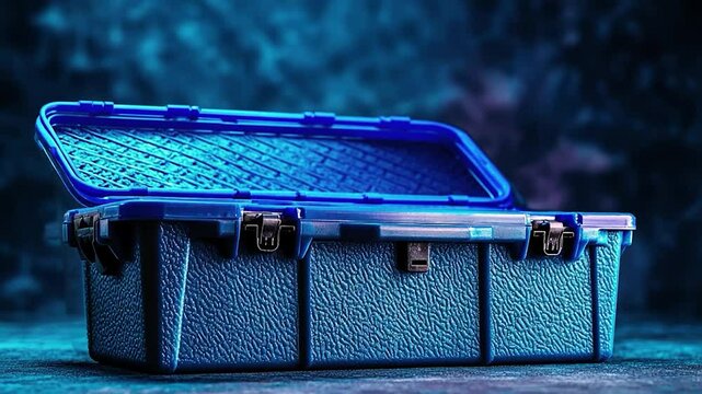 Blue toolbox, open lid, storage case