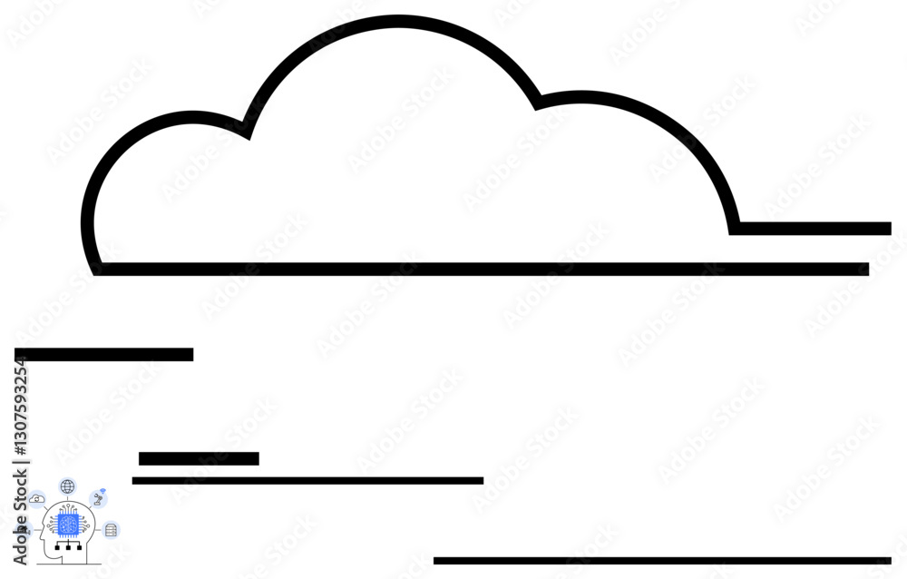 Poster large cloud outline surrounded by abstract lines and a small computer icon with network references. 
