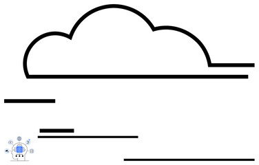 Large cloud outline surrounded by abstract lines and a small computer icon with network references. Ideal for technology, innovation, cloud storage, connectivity, minimalism, digital transformation