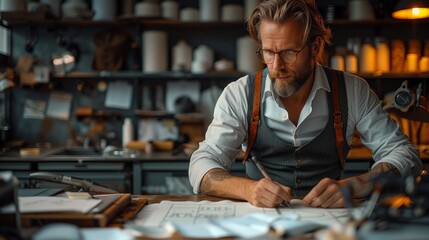 A bearded man with glasses in a vest and suspenders drawing meticulously on blueprints at a desk in a dimly lit workshop filled with tools and equipment