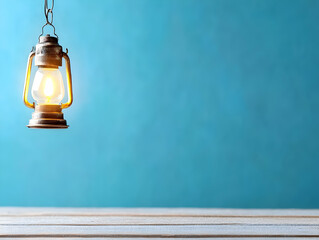 Obraz premium Illuminated antique oil lantern hanging against a teal wall, with a rustic white table in the foreground; ideal for concepts of nostalgia, hope, or guidance