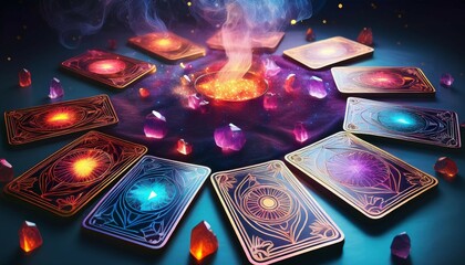 tarot cards are laid out with vibrant crystals and aromatic smoke surrounding them