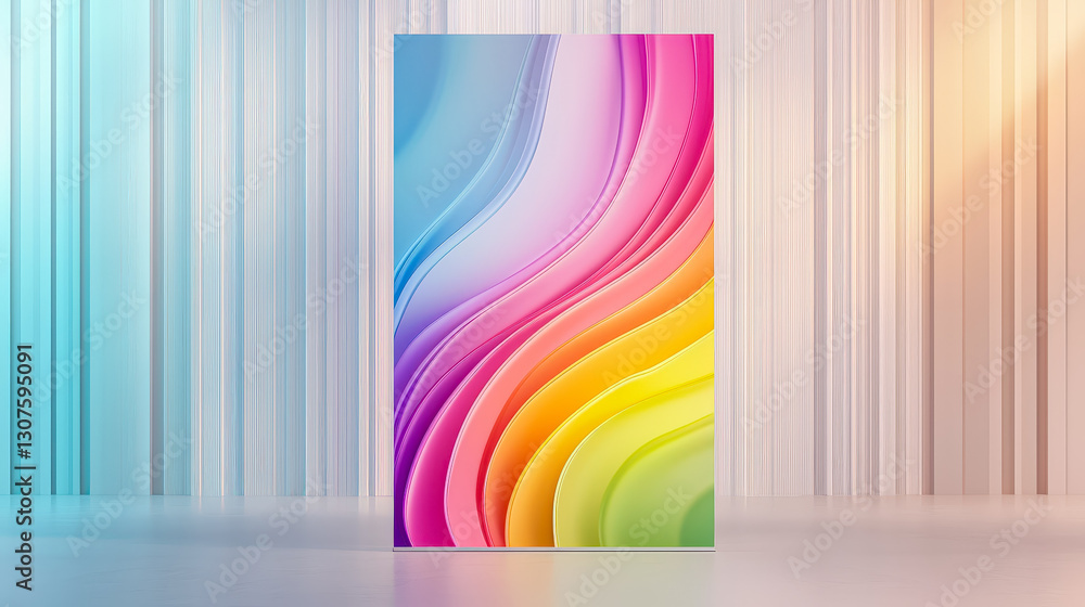 Poster colorful abstract art display featuring vibrant waves in a gallery setting
