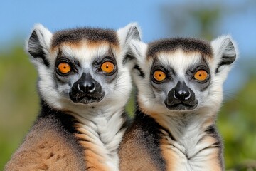 Obraz premium A pair of lemurs sitting back-to-back, tails intertwined, in Madagascarâ€™s dry forest