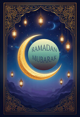 Ramadhan Kareem Greeting Card Vector illustration, Crescent and Lantern Template, Festive, using generative ai