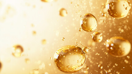 Golden oil droplets float in amber liquid, creating a luxurious, shimmering texture, suggestive of richness, elegance, and high-end products