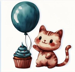 Cute Kitten With Cupcake and Balloon Celebrating a Festive Occasion