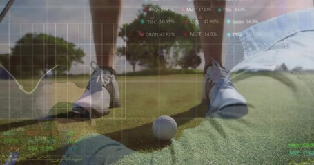 Preparing to putt, golfer analyzing financial data with animation overlay - Powered by Adobe