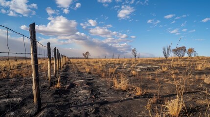 Fence line marking the boundary of a fire-damaged area under a blue sky with clouds