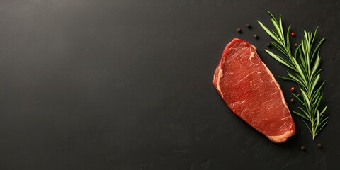 Raw Steak with Rosemary and Pepper on a Dark Background, Food Photography, Fresh Ingredients