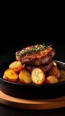 Delicious Stacked Steak with Roasted Potatoes, Herb Garnish, and Sizzling Meal
