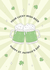 St Patrick's Day poster, greeting card in retro style. Two clinking mugs full of green Irish beer. Shamrocks, symbol of holiday. 