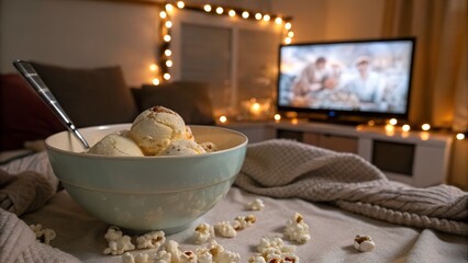 Cozy night in with ice cream and popcorn in front of a lit TV.